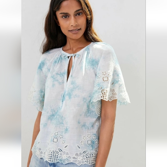 Anthropologie Tops - Anthropologie Blue White Olivia Embroidered Tie Dye Blouse Top XS